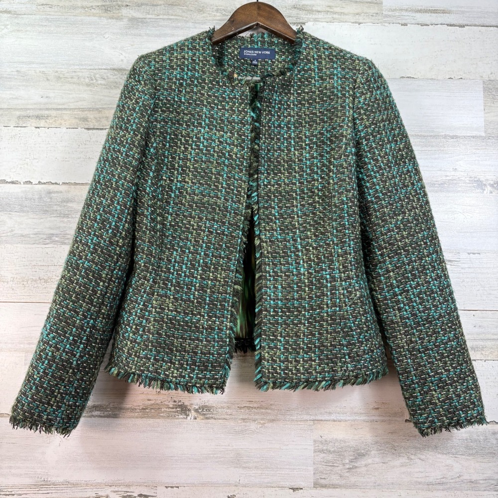 Jones New York Signature Green Teal Tweed Collarless Fringe Blazer Jacket Sz 4